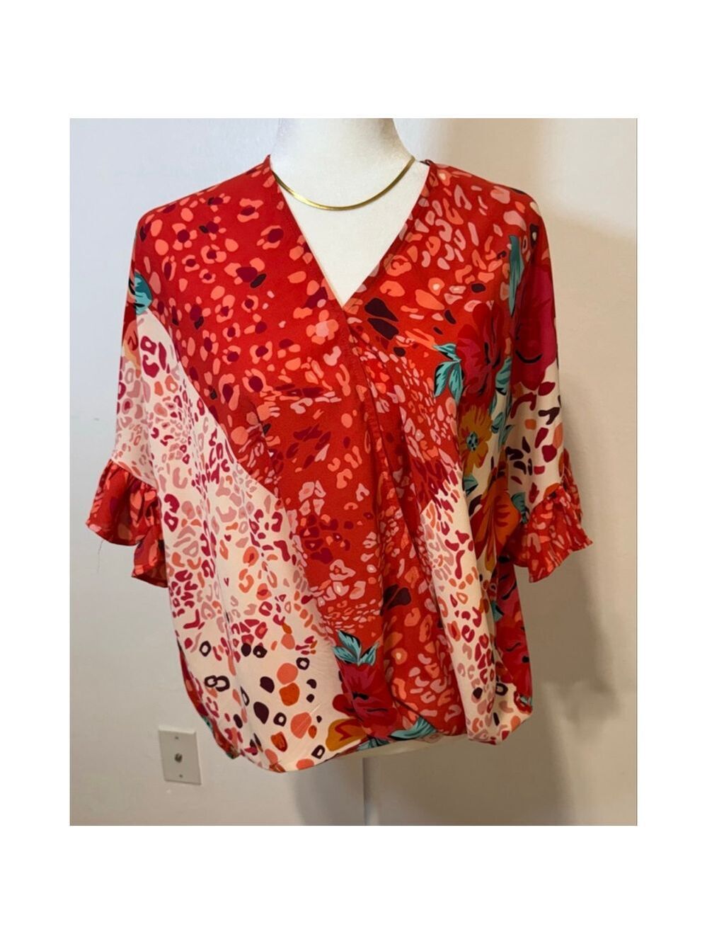Laurel Grey Red & Beige Floral Blouse wrap, ruffle sleeve, high low. Lightweight